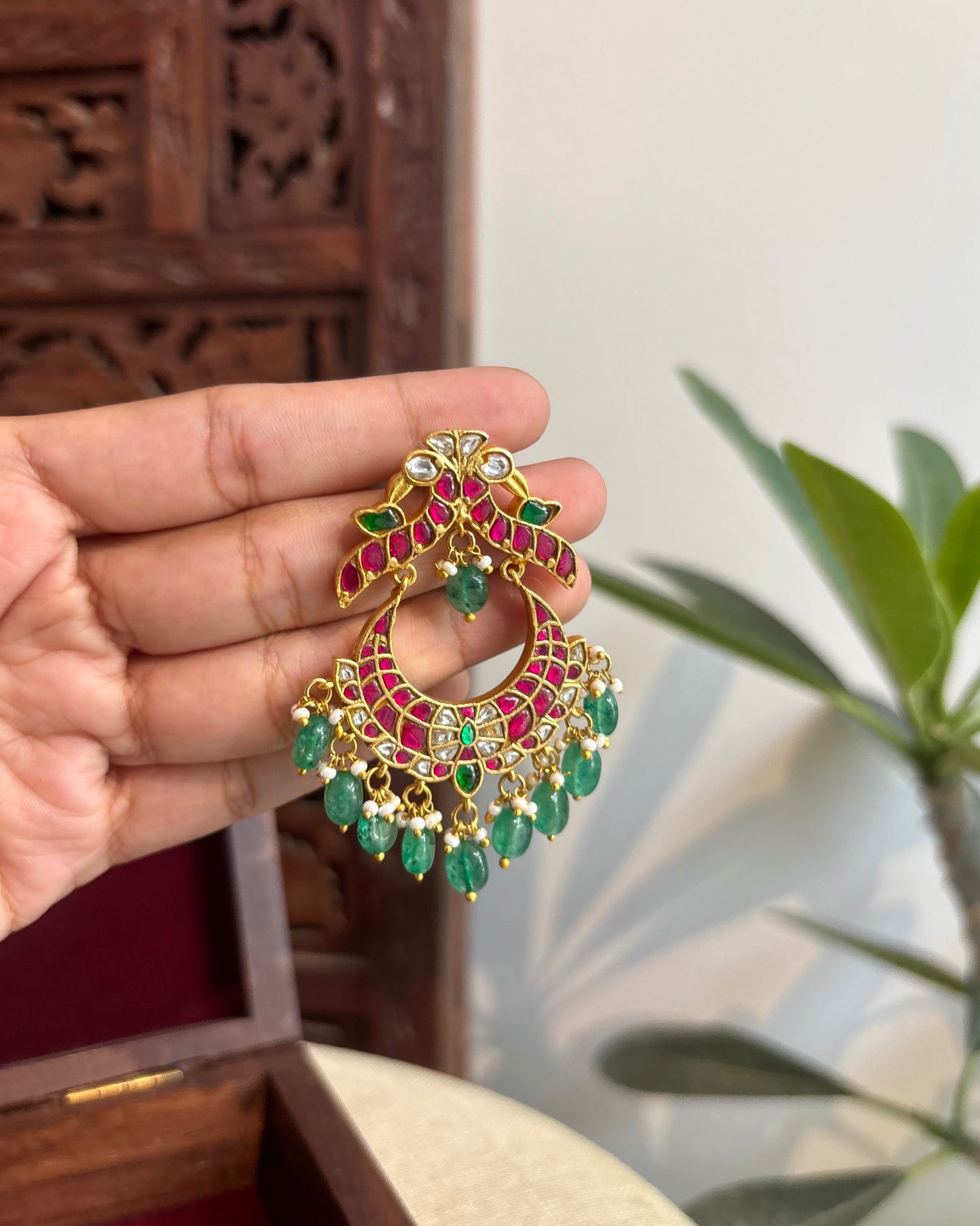 Bridal Jadau Kundan Peacock Chandbali Earrings with Pearls & Strawberry Beads | ER347
