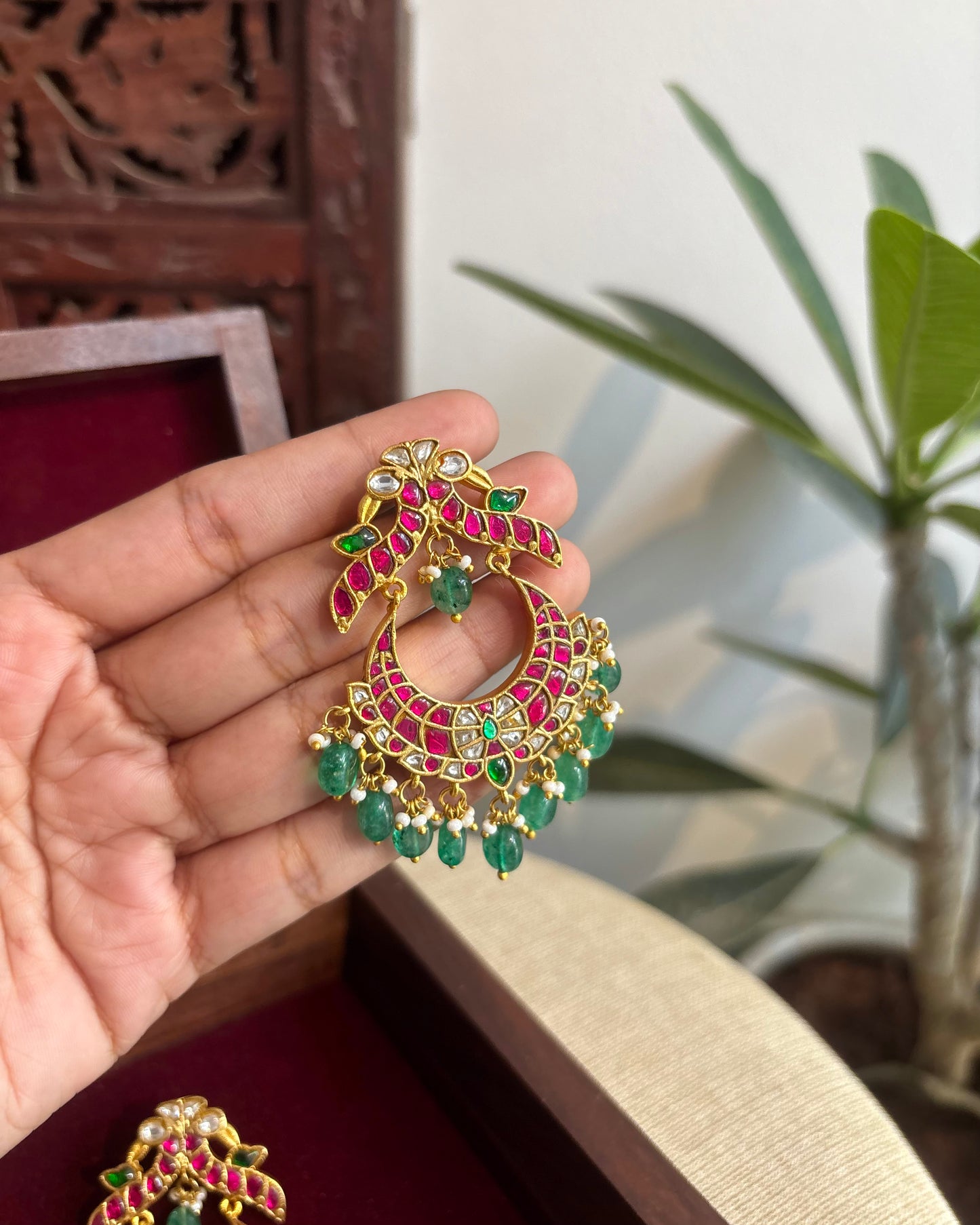 Bridal Jadau Kundan Peacock Chandbali Earrings with Pearls & Strawberry Beads | ER347