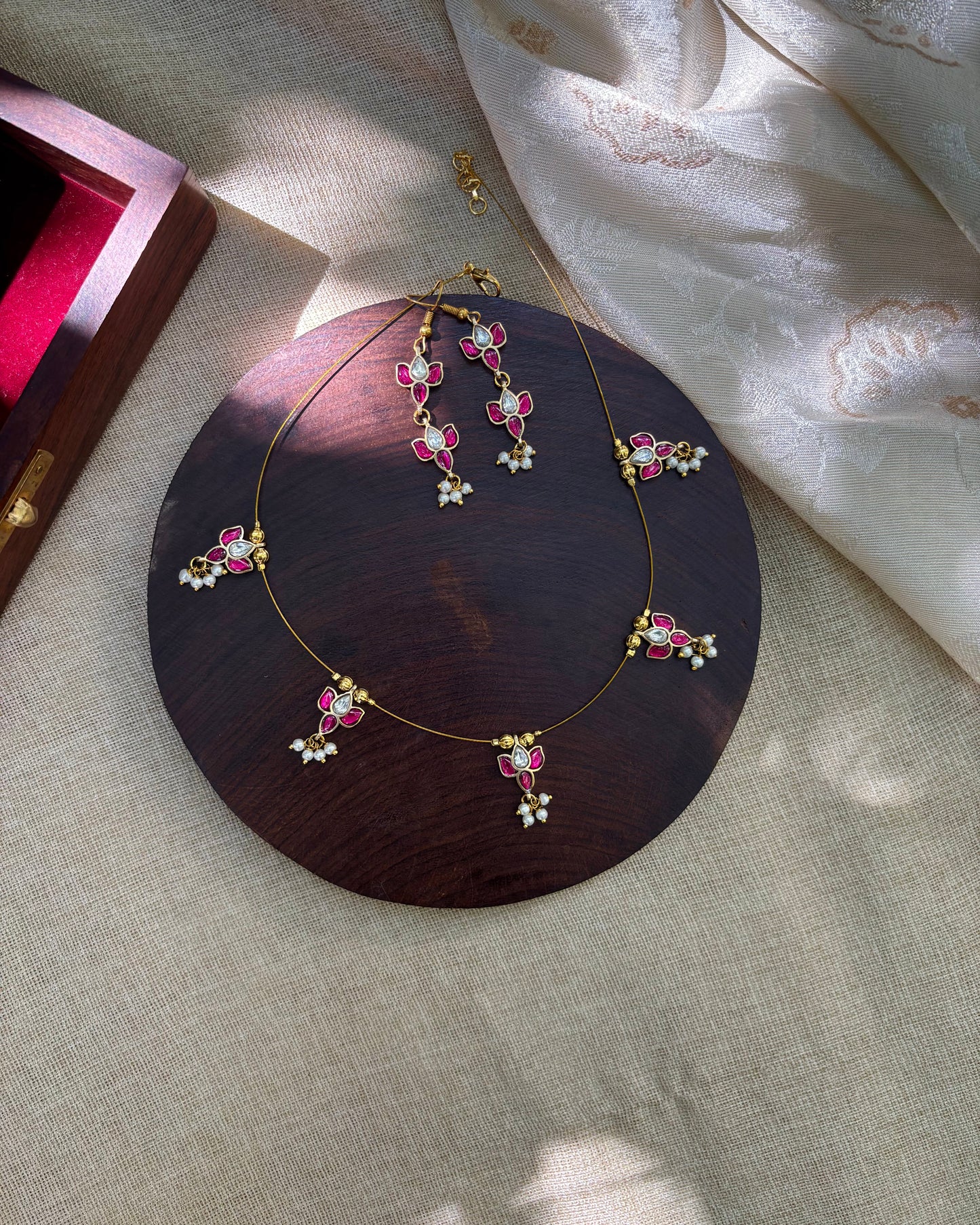Jadau Kundan Invisible Chain Necklace with Earrings | Ruby & White | NC567