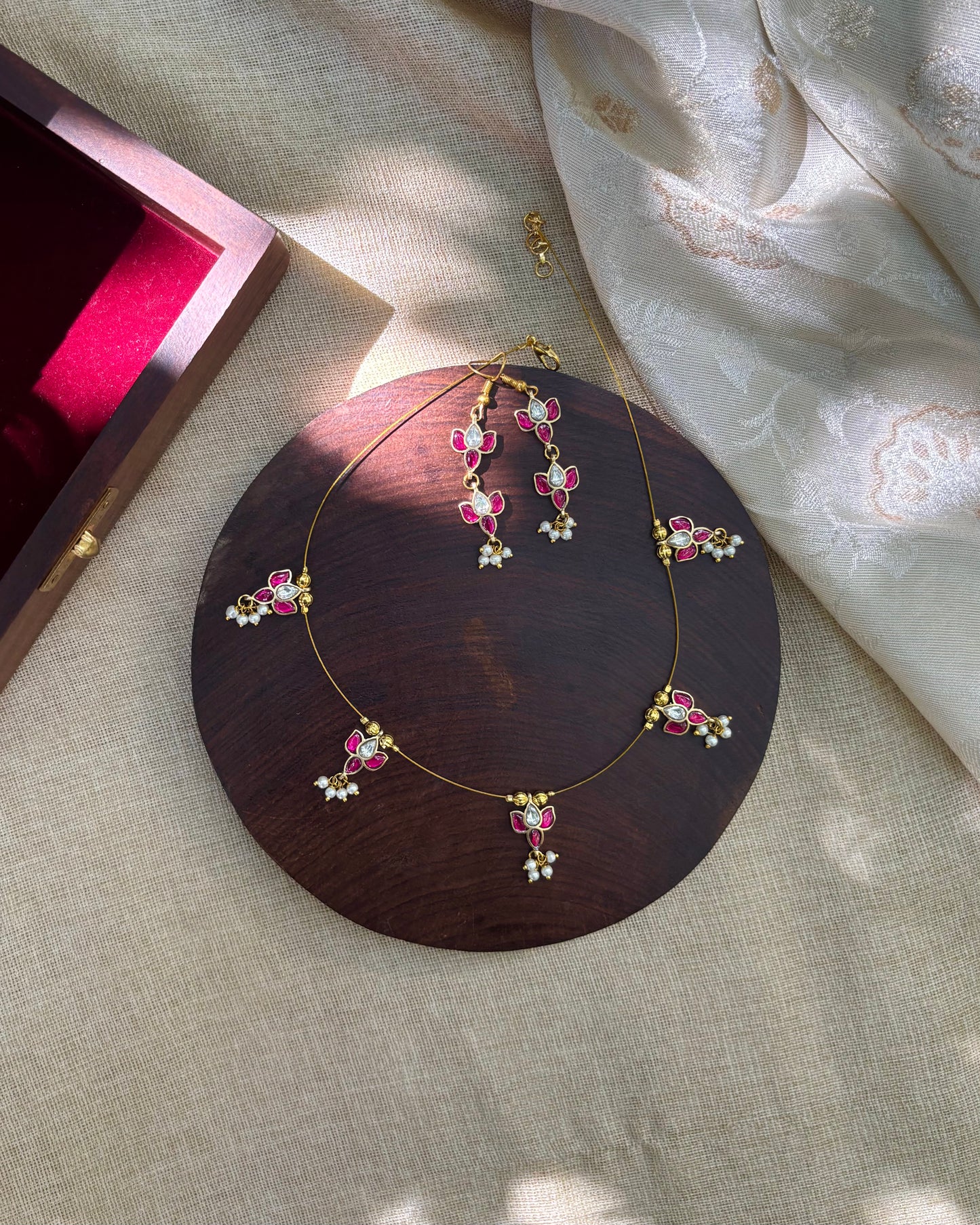 Jadau Kundan Invisible Chain Necklace with Earrings | Ruby & White | NC567