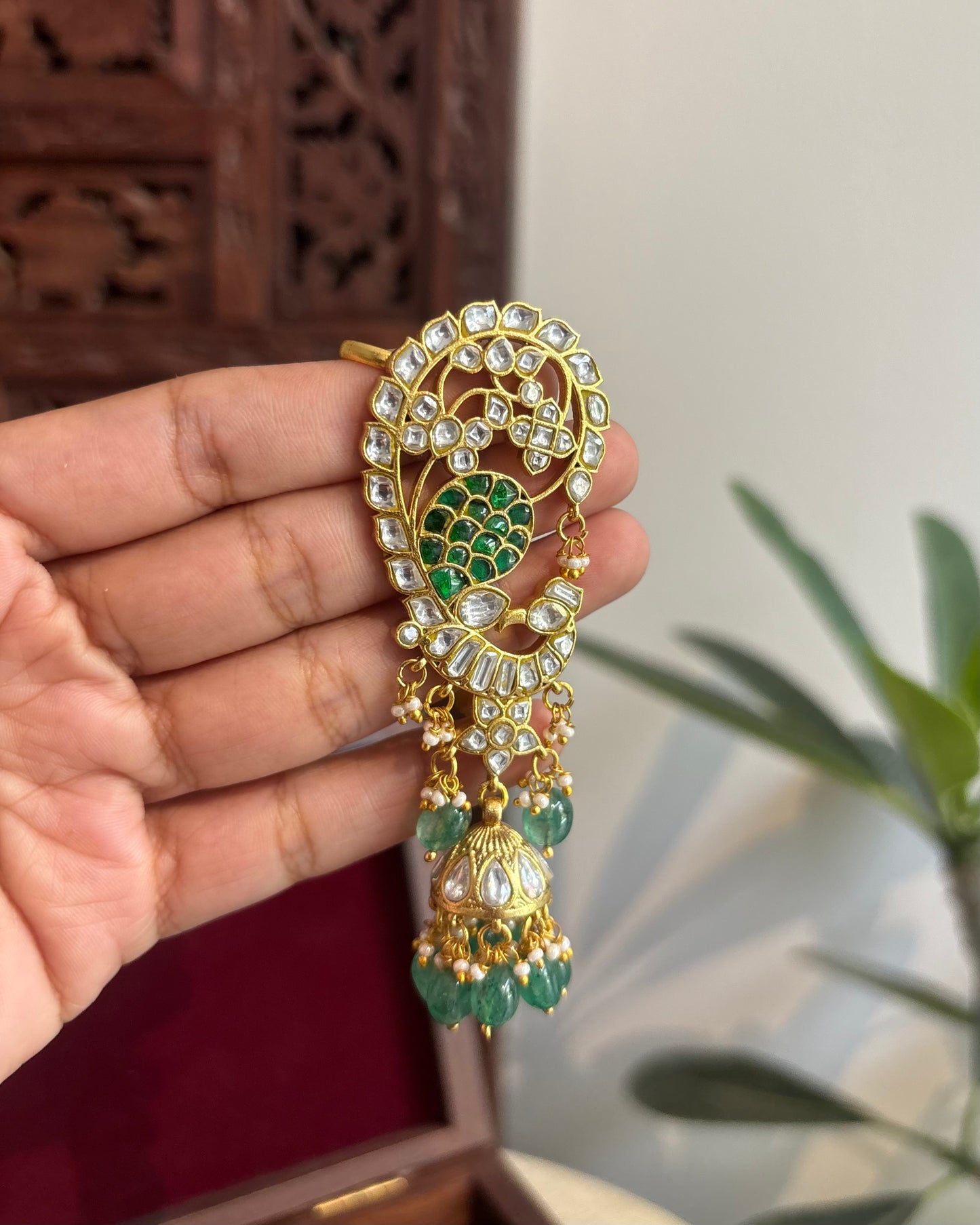 Regal Peacock Ear Cuff Jhumkas – Intricate Kundan Design | ER325
