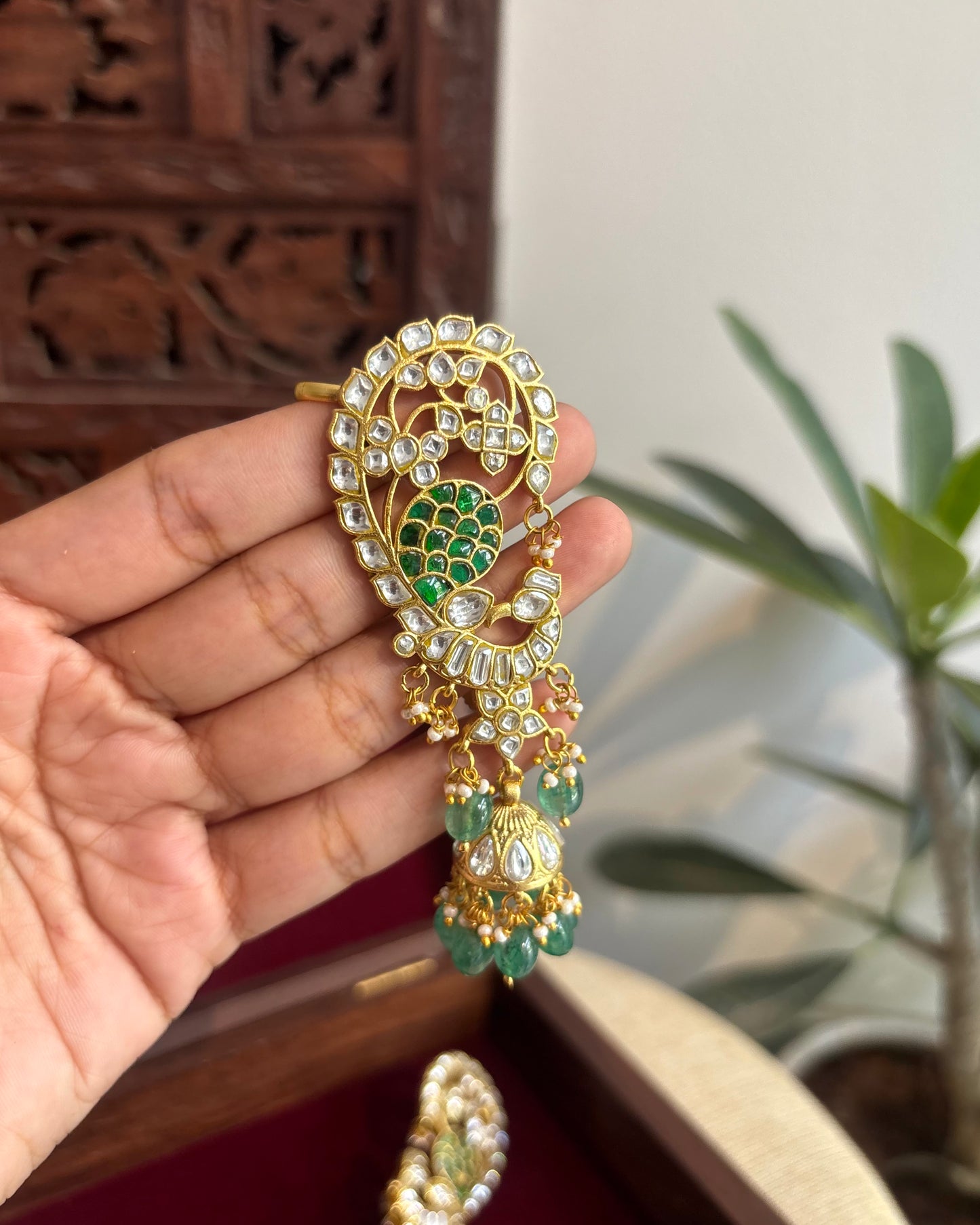 Regal Peacock Ear Cuff Jhumkas – Intricate Kundan Design | ER325