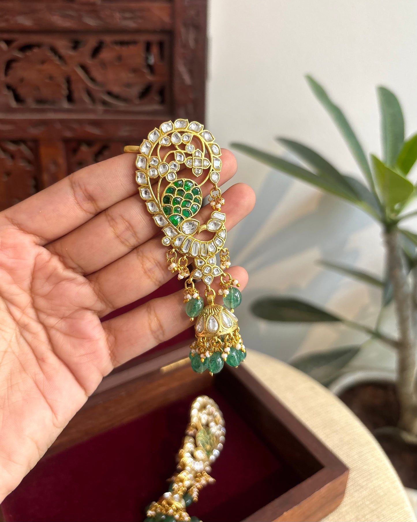 Regal Peacock Ear Cuff Jhumkas – Intricate Kundan Design | ER325