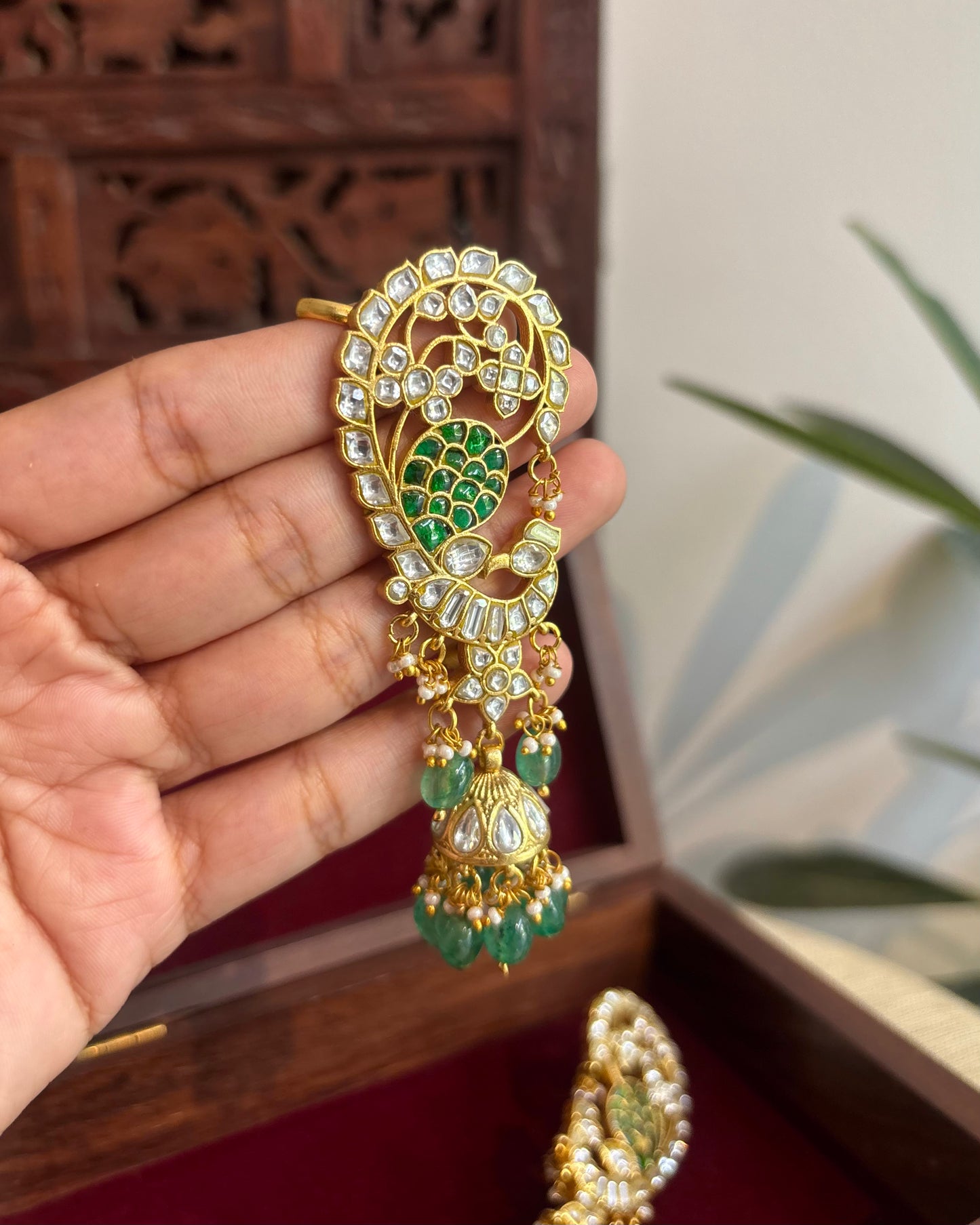 Regal Peacock Ear Cuff Jhumkas – Intricate Kundan Design | ER325
