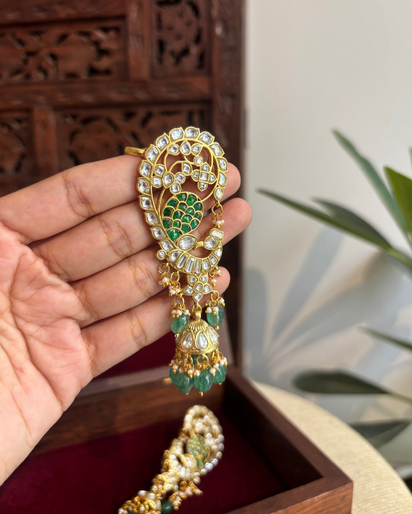 Regal Peacock Ear Cuff Jhumkas – Intricate Kundan Design | ER325