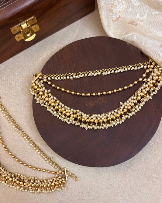 Gold Finish Pearl Three-Layer Ear Chain | EC056