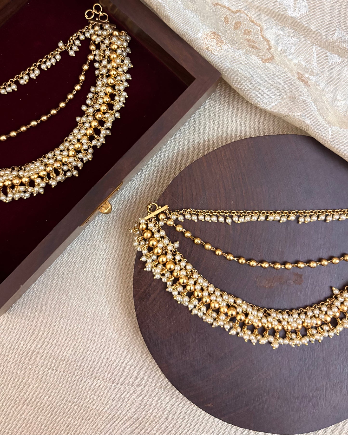 Gold Finish Pearl Three-Layer Ear Chain | EC056