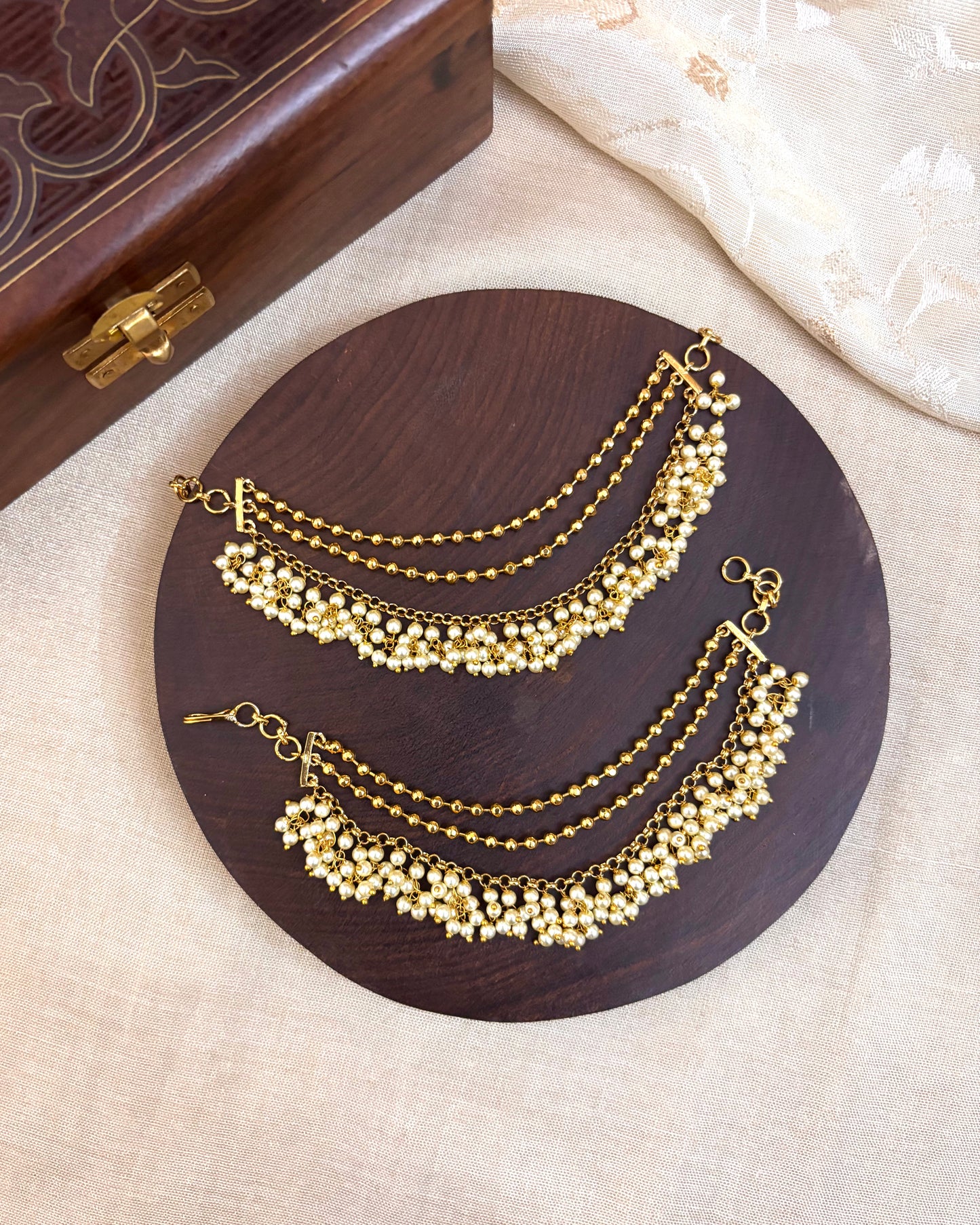Gold Finish Pearl Three-Layer Ear Chain | EC048