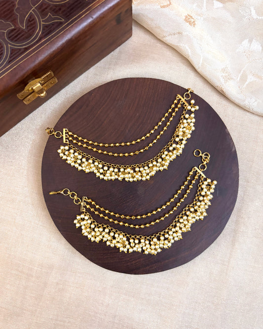 Gold Finish Pearl Three-Layer Ear Chain | EC048