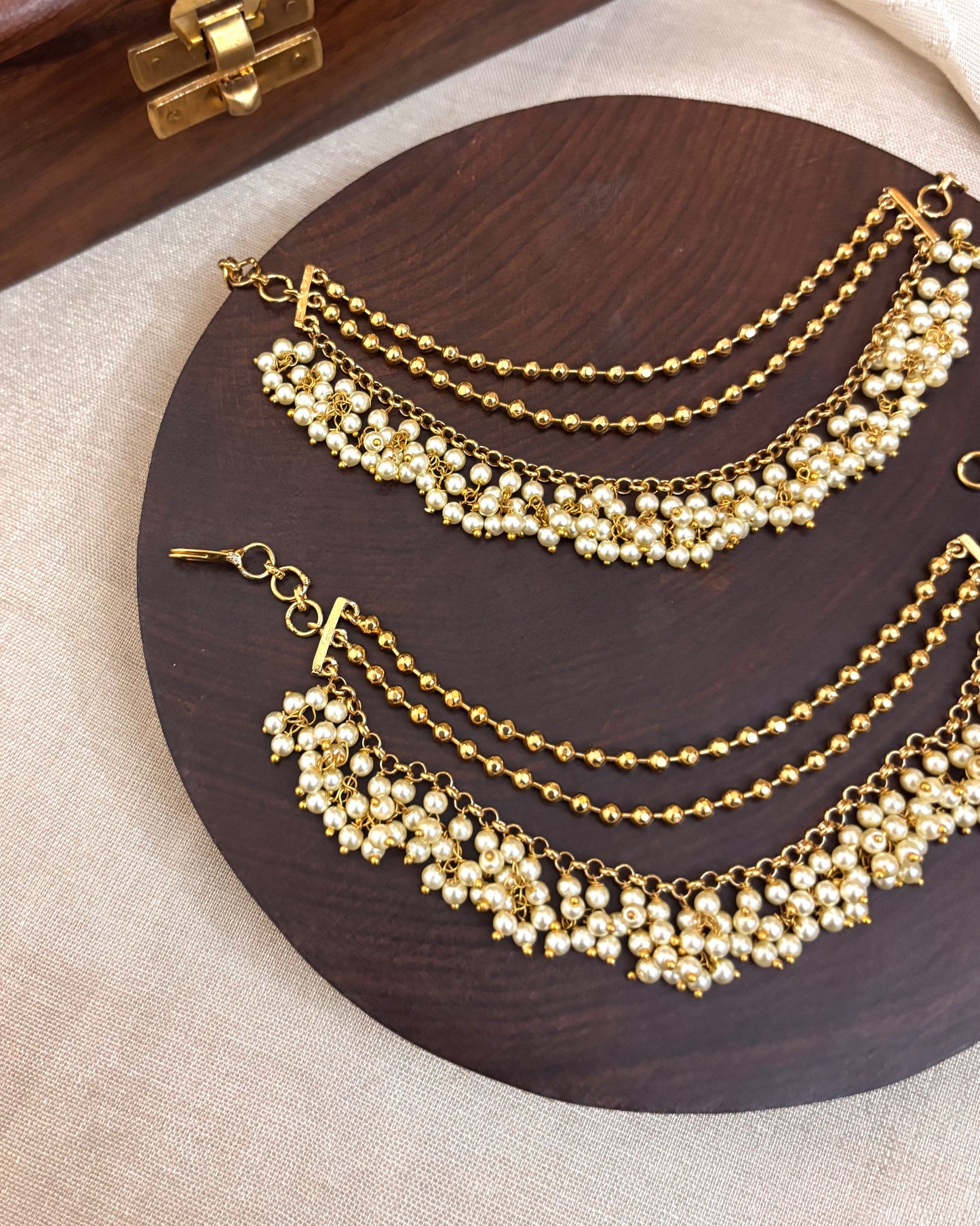 Gold Finish Pearl Three-Layer Ear Chain | EC048