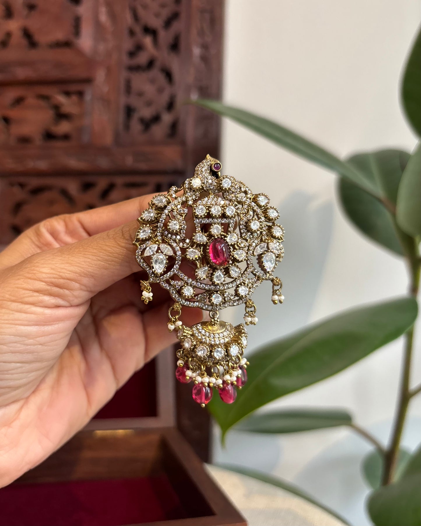 Victorian Hair Pendant with Ruby Beads & Accents – Antique Elegance | HA220