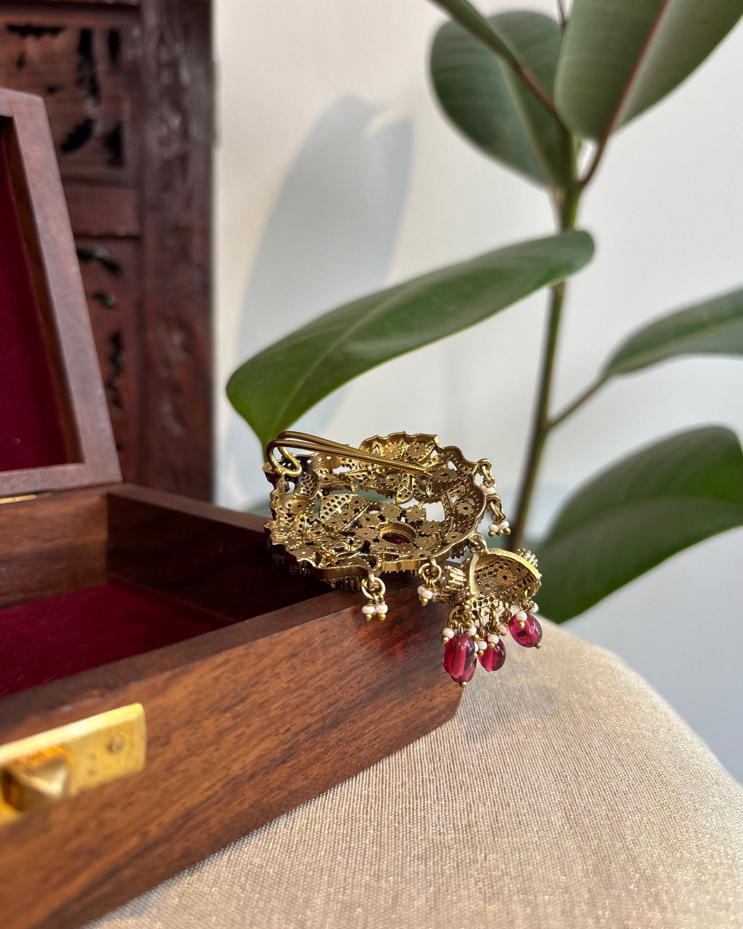 Victorian Hair Pendant with Ruby Beads & Accents – Antique Elegance | HA220