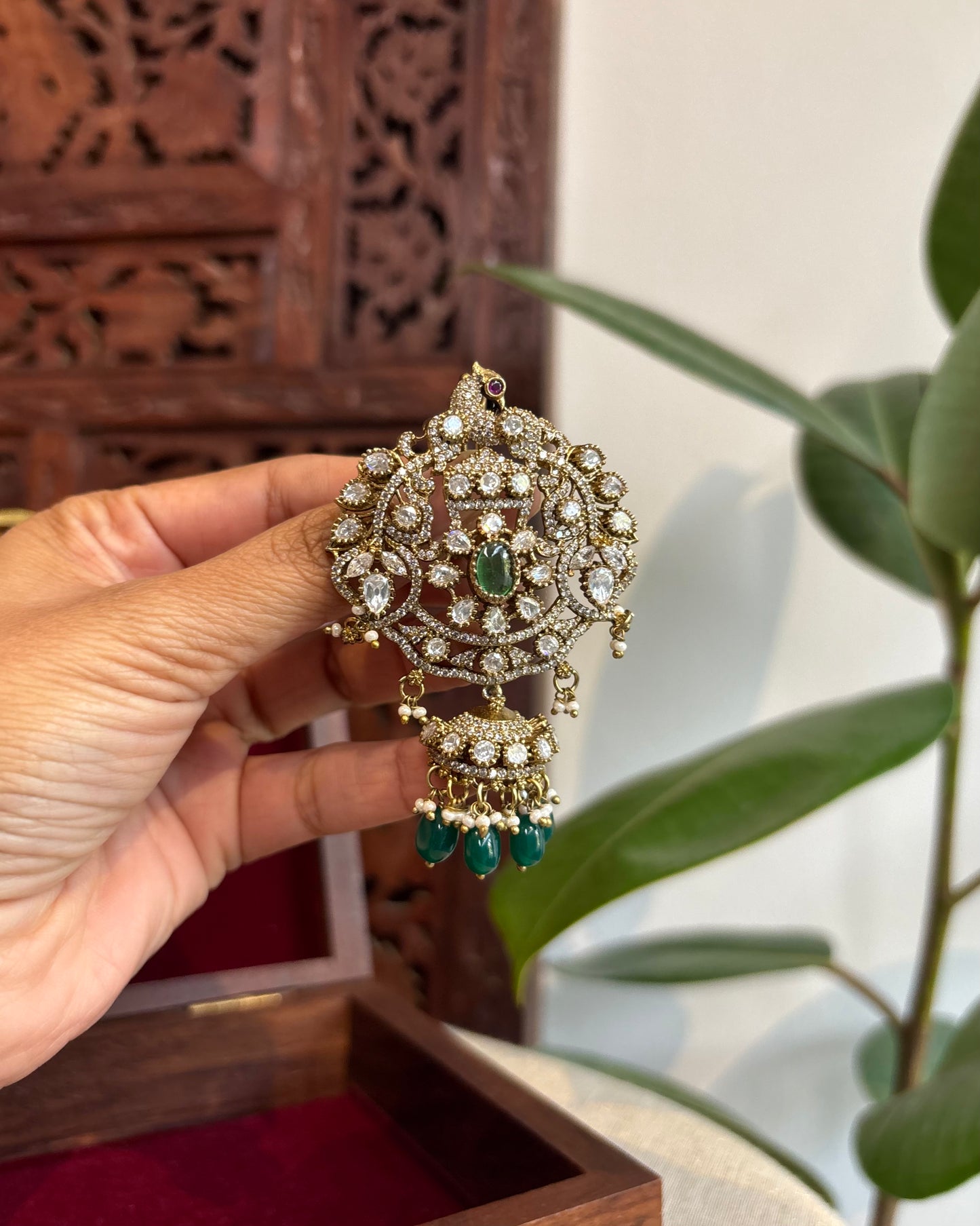 Victorian Hair Pendant with Green Beads & Accents – Antique Elegance | HA221