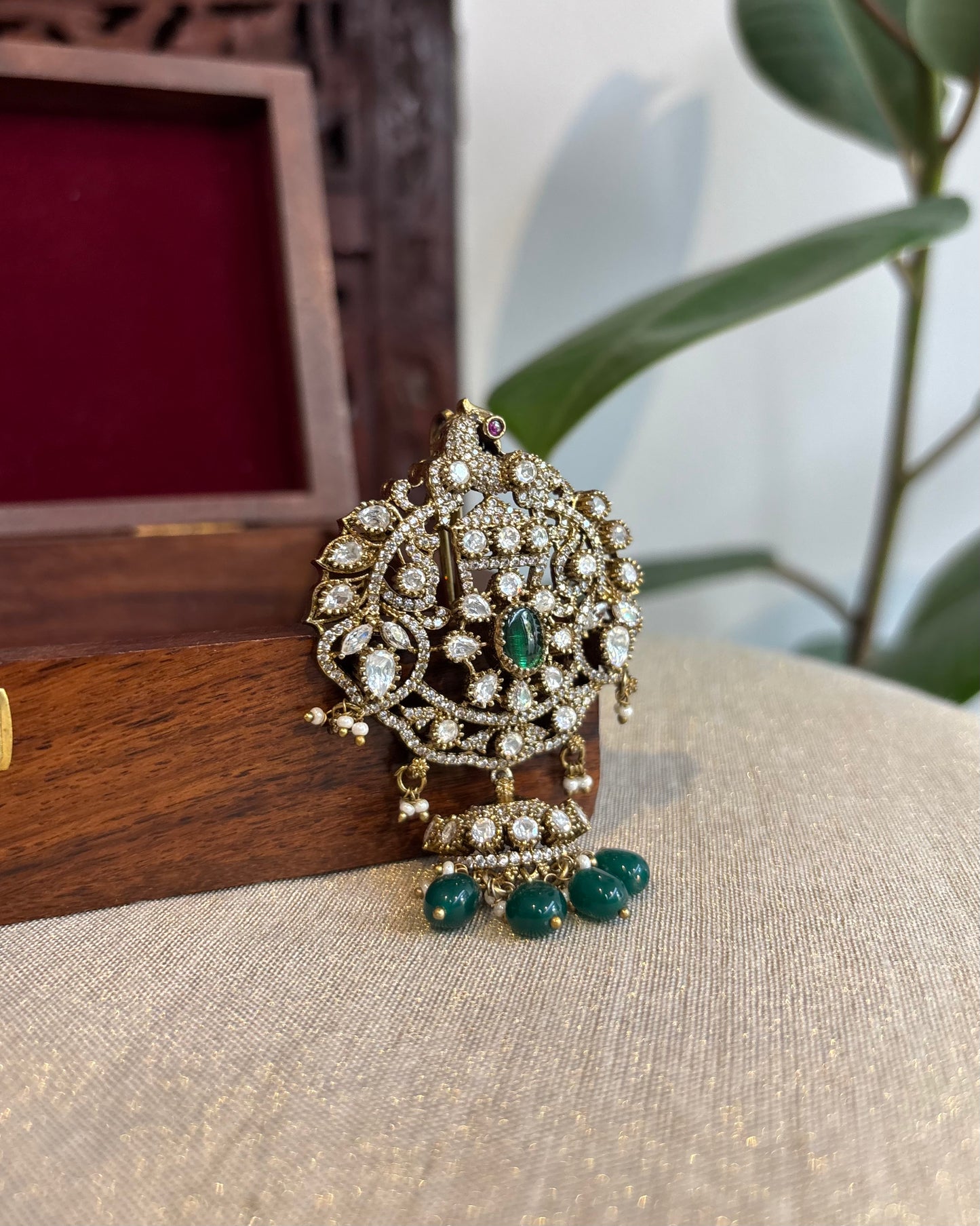 Victorian Hair Pendant with Green Beads & Accents – Antique Elegance | HA221