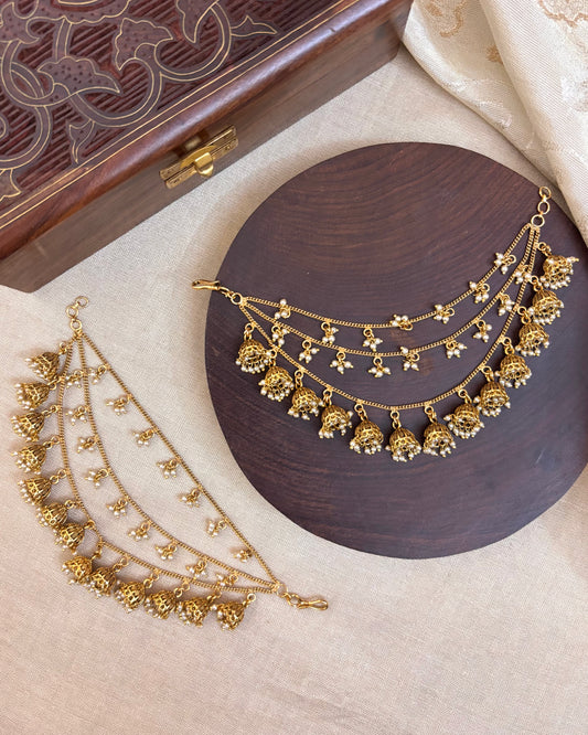Three-Layer Antique Finish Jhumka Ear Chain – Traditional Bridal Accessory | EC057