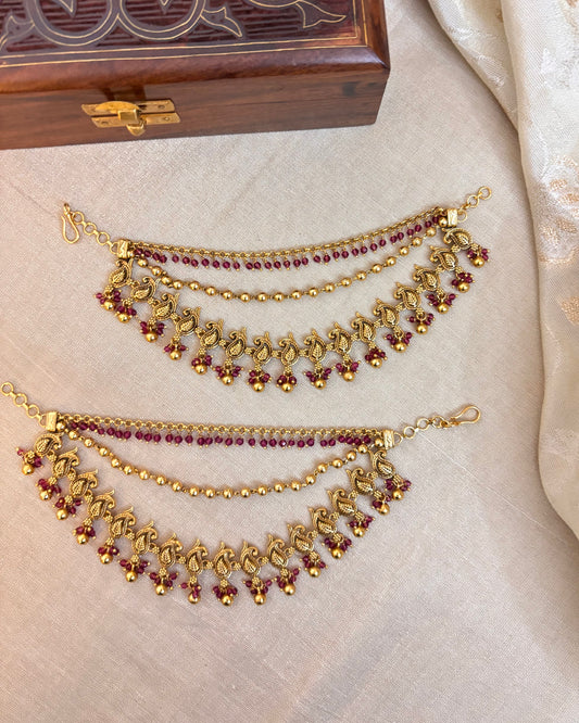 Three-Layer Antique Finish Mango Motif Bridal Ear Chain | EC059