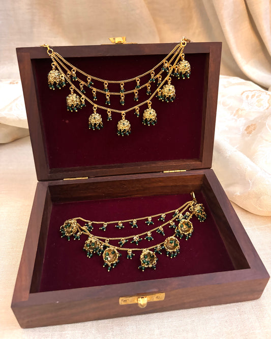 Three-Layer Antique Finish Jhumkas Bridal Ear Chain | EC068