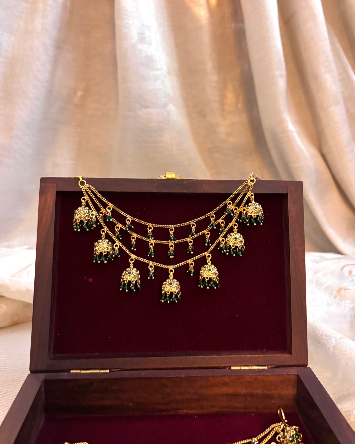 Three-Layer Antique Finish Jhumkas Bridal Ear Chain | EC068
