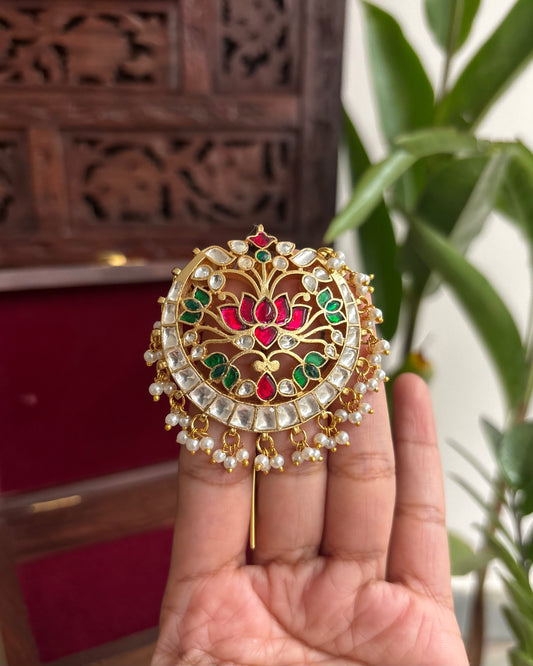 Intricate Multicolor Lotus Floral Round Jadau Kundan Pendant | HA172
