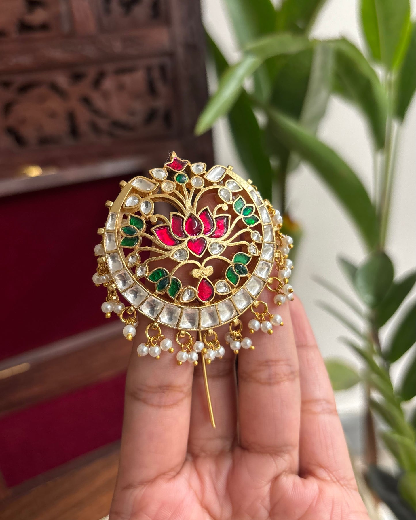 Intricate Multicolor Lotus Floral Round Jadau Kundan Pendant | HA172
