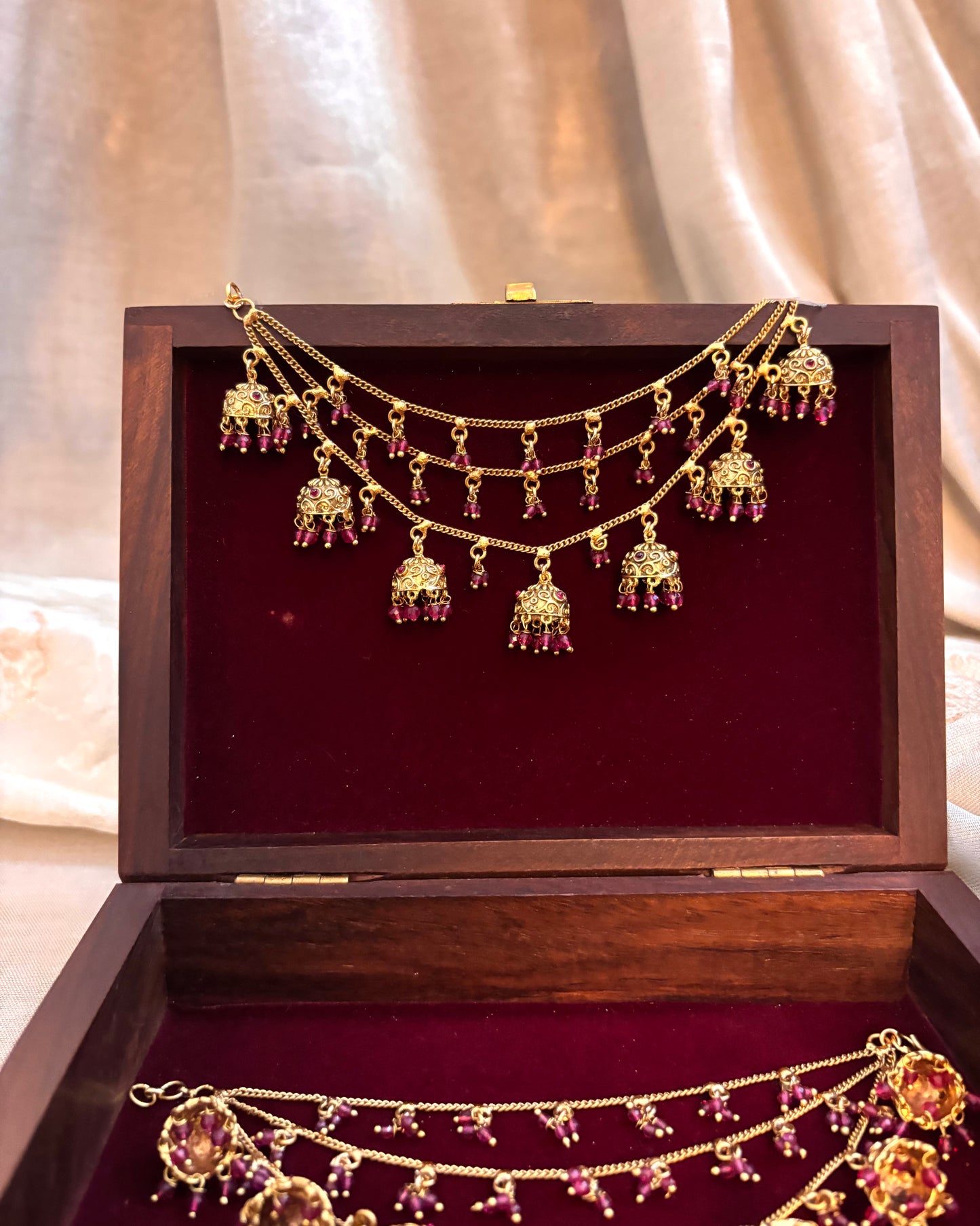 Three-Layer Antique Finish Jhumkas Bridal Ear Chain | EC069