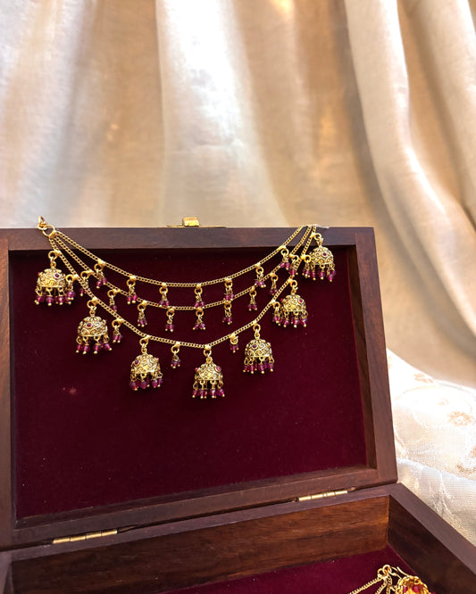 Three-Layer Antique Finish Jhumkas Bridal Ear Chain | EC069