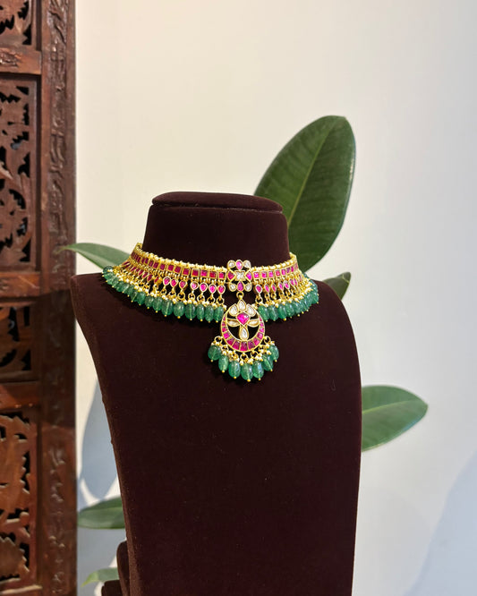 Multicolor Jadau Kundan Choker Necklace with Floral Center Pendant  | NC287