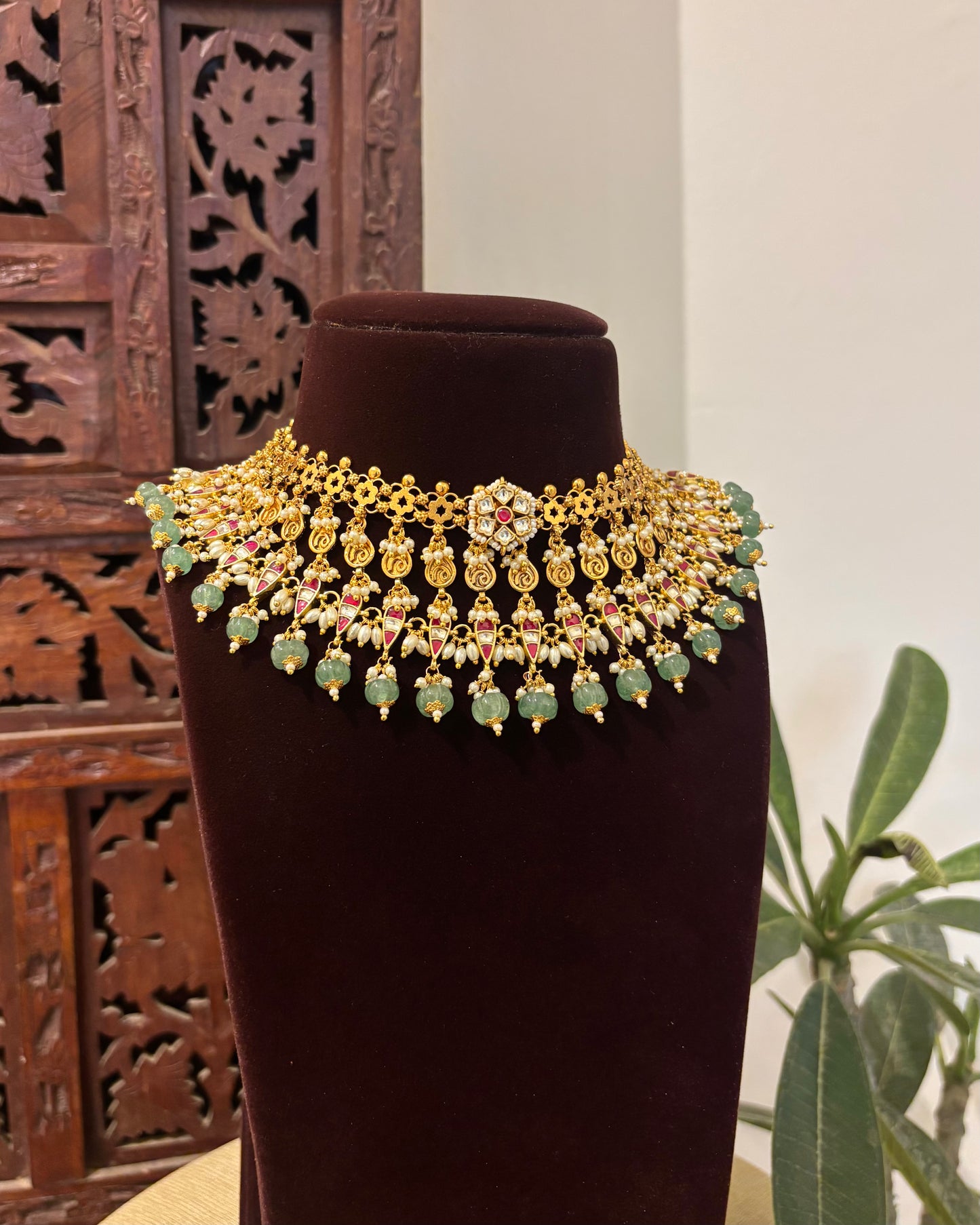 Contemporary Kundan Statement Necklace with Earrings | Gold Finish | NC549
