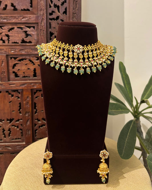 Contemporary Kundan Statement Necklace with Earrings | Gold Finish | NC549