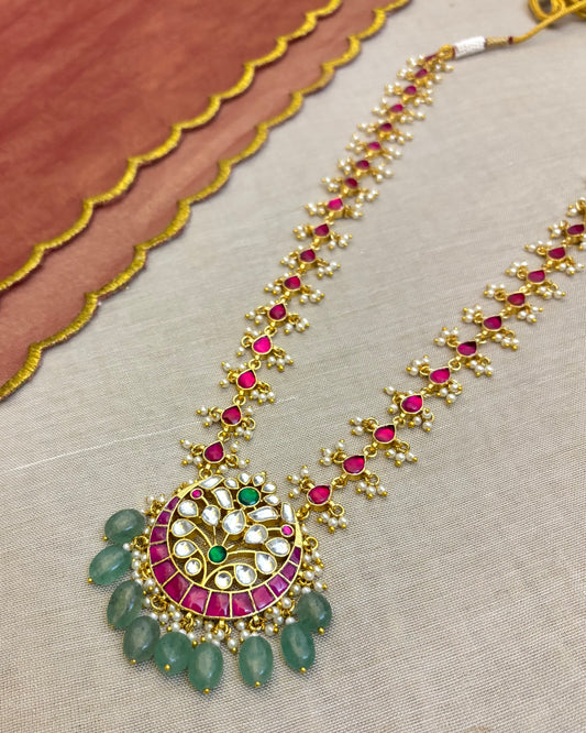Jadau Kundan Gold-Plated Necklace with Floral Pendant & Tear-Drop Chain | NC029