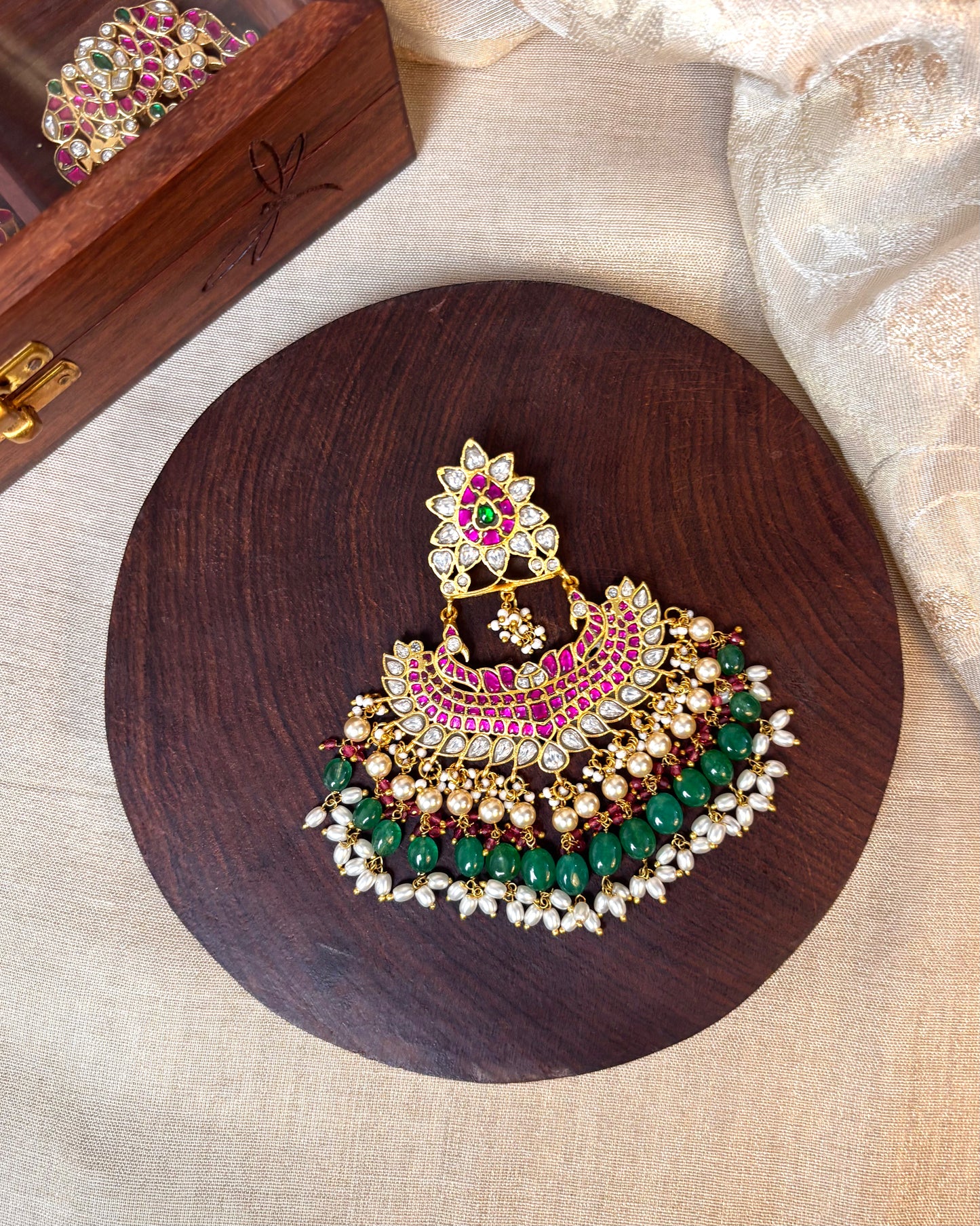 Floral Peacock Jadau Pendant with Pearls and Green Beads | HA108