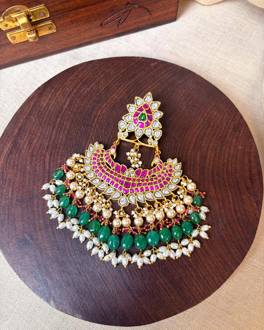 Floral Peacock Jadau Pendant with Pearls and Green Beads | HA108
