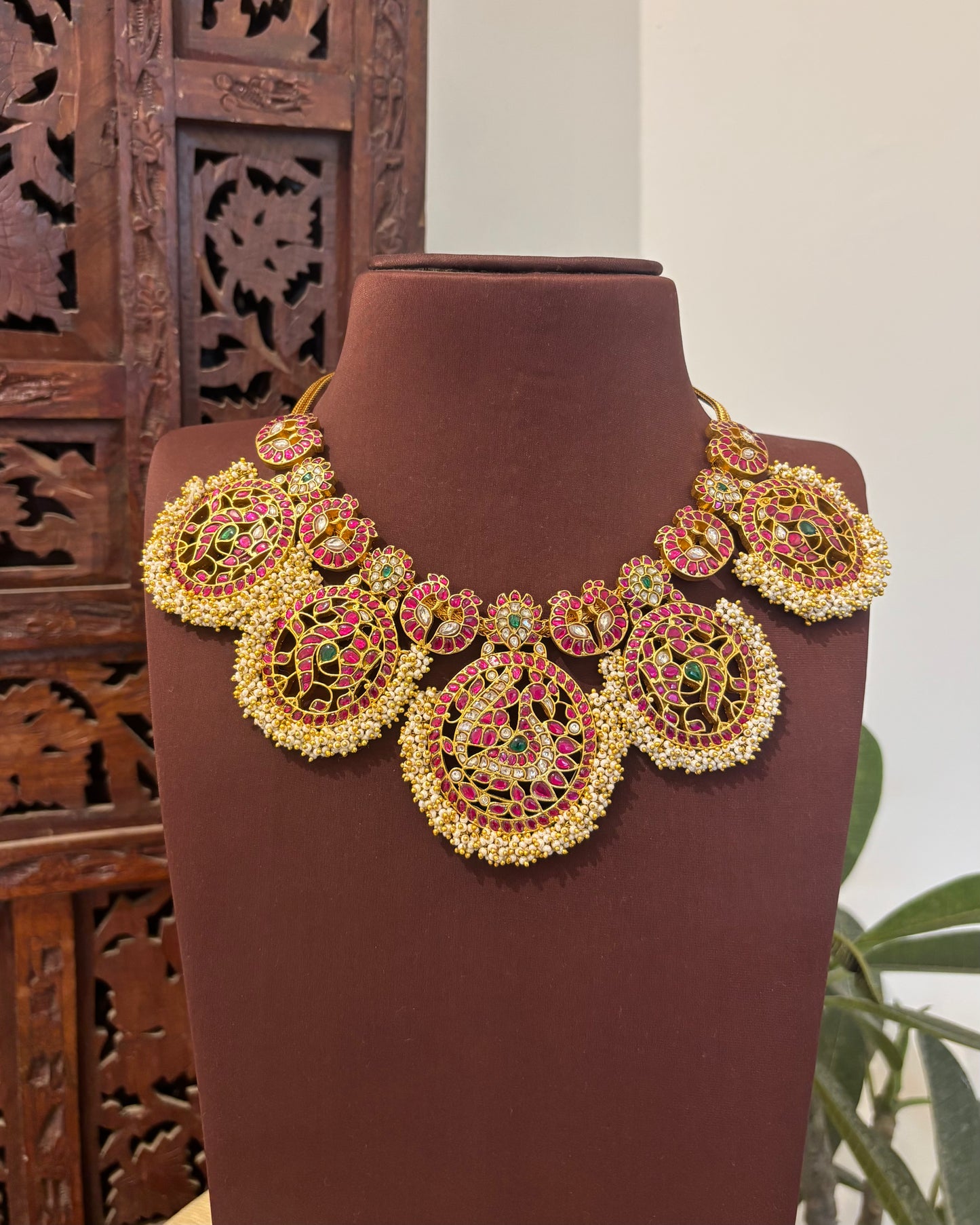 Statement Jadau Kundan Peacock Necklace with Pearl Cluster Detailing | NC562