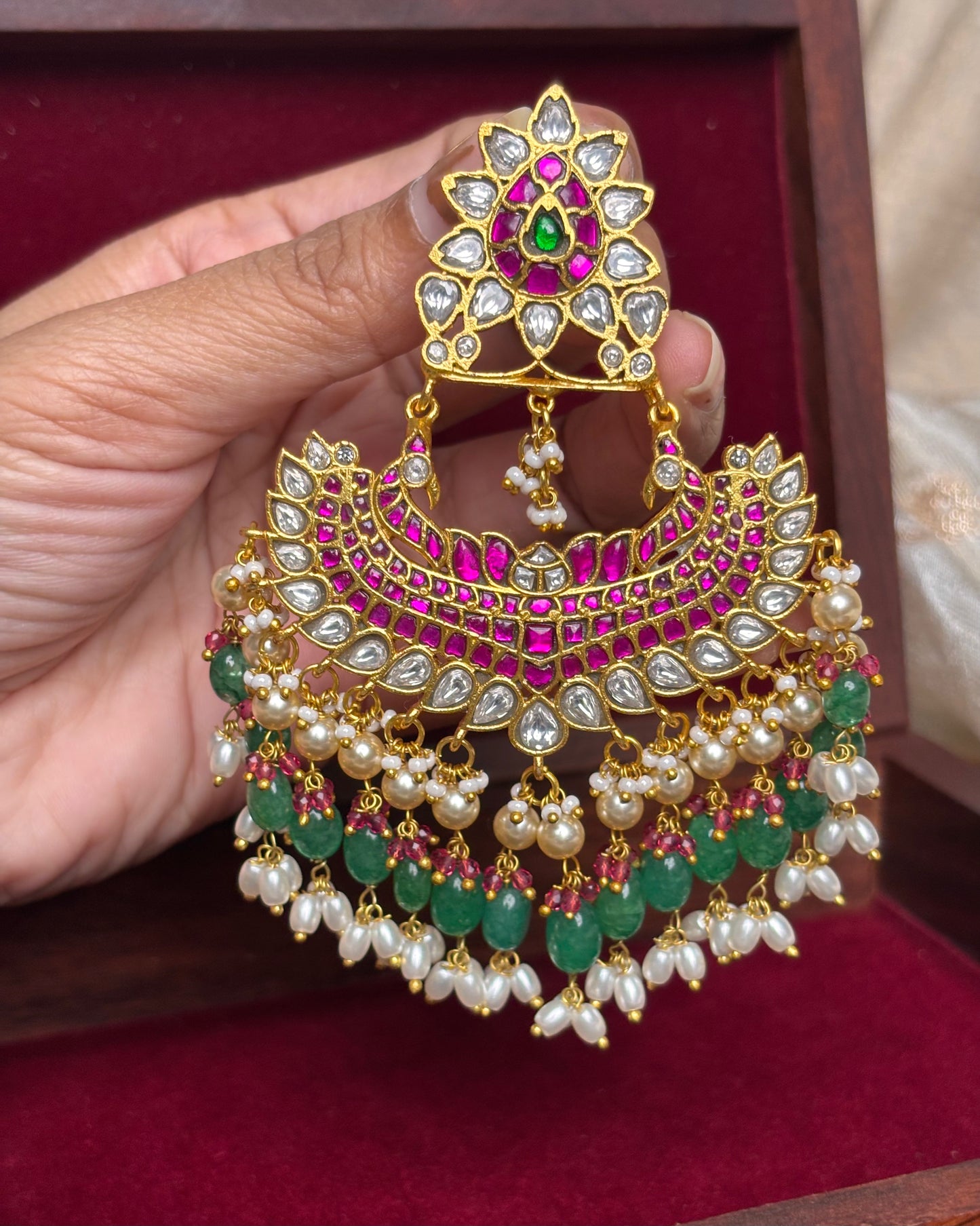 Floral Peacock Jadau Pendant with Pearls and Green Beads | HA108