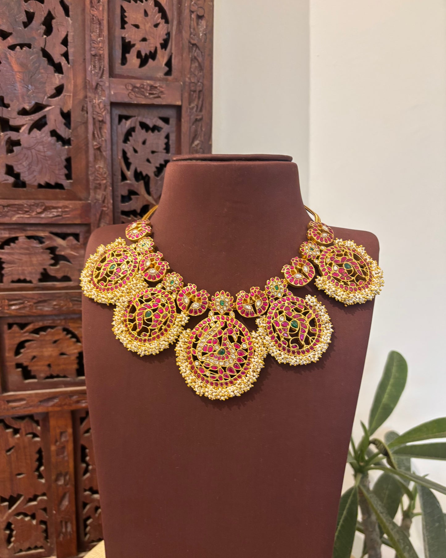 Statement Jadau Kundan Peacock Necklace with Pearl Cluster Detailing | NC562
