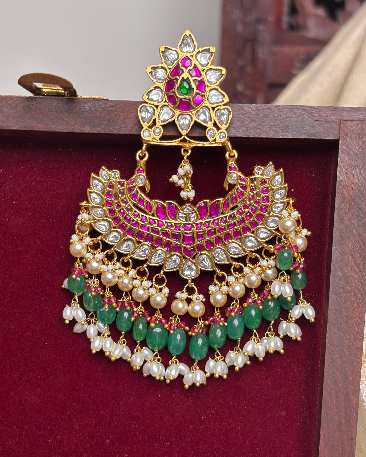 Floral Peacock Jadau Pendant with Pearls and Green Beads | HA108