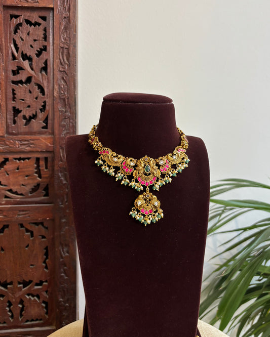 Jadau Kundan Antique Finish Peacock Floral Necklace Set  | NC385