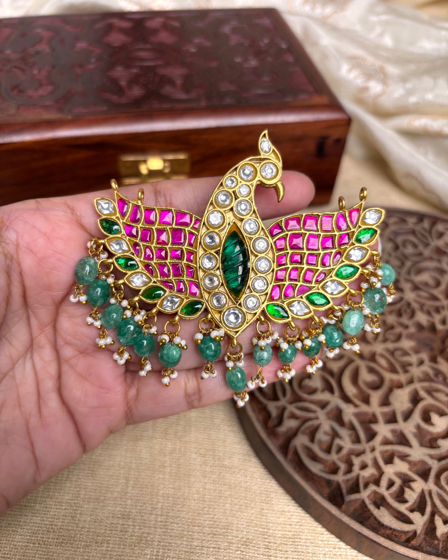 Intricate Floral Peacock Jadau Kundan Pendant | HA107