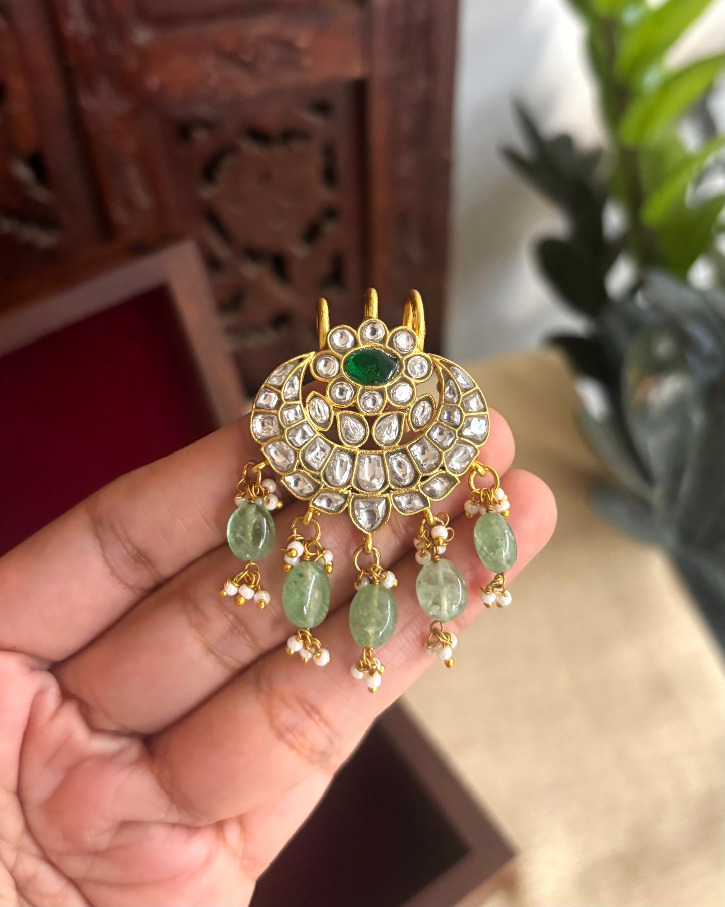 White and Green Handcrafted Jadau Kundan Floral Hair Pin | HA194