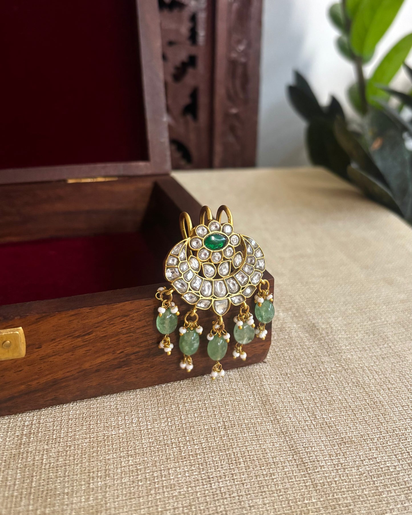 White and Green Handcrafted Jadau Kundan Floral Hair Pin | HA194