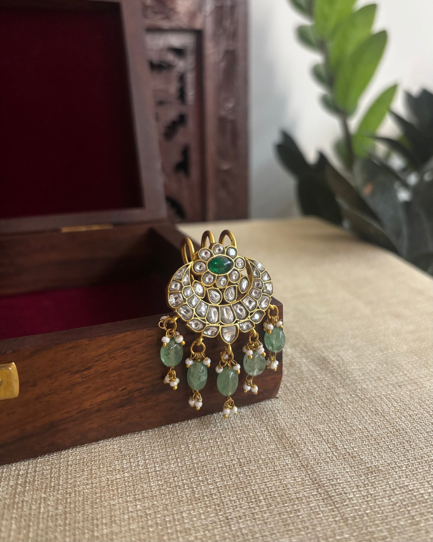 White and Green Handcrafted Jadau Kundan Floral Hair Pin | HA194