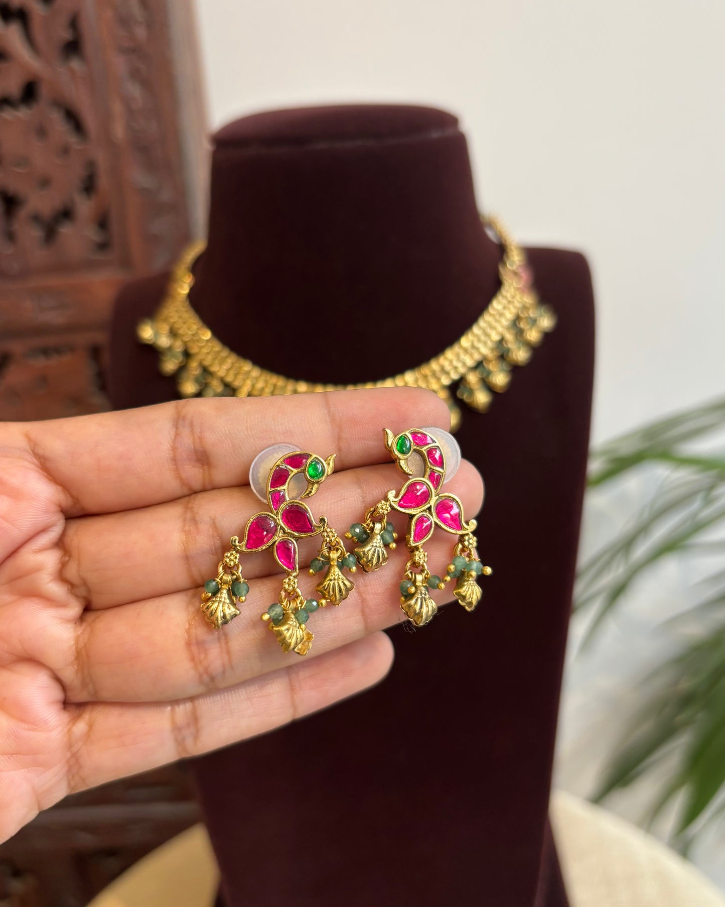 Antique Finish Jadau Pearl Necklace Set with Matching Earrings | NC398