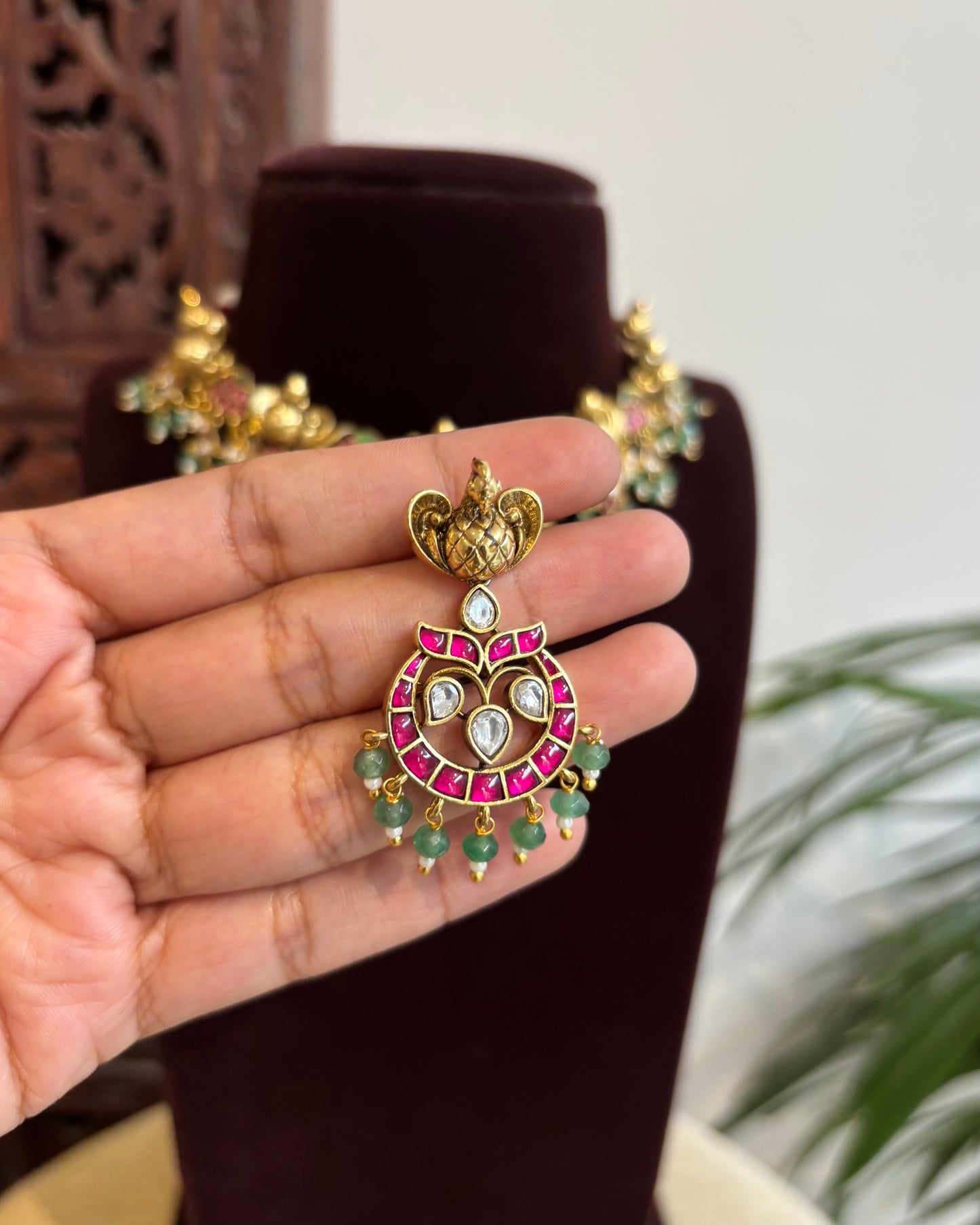 Jadau Kundan Antique Finish Peacock Floral Necklace Set – 3D Peacock Motif | NC382