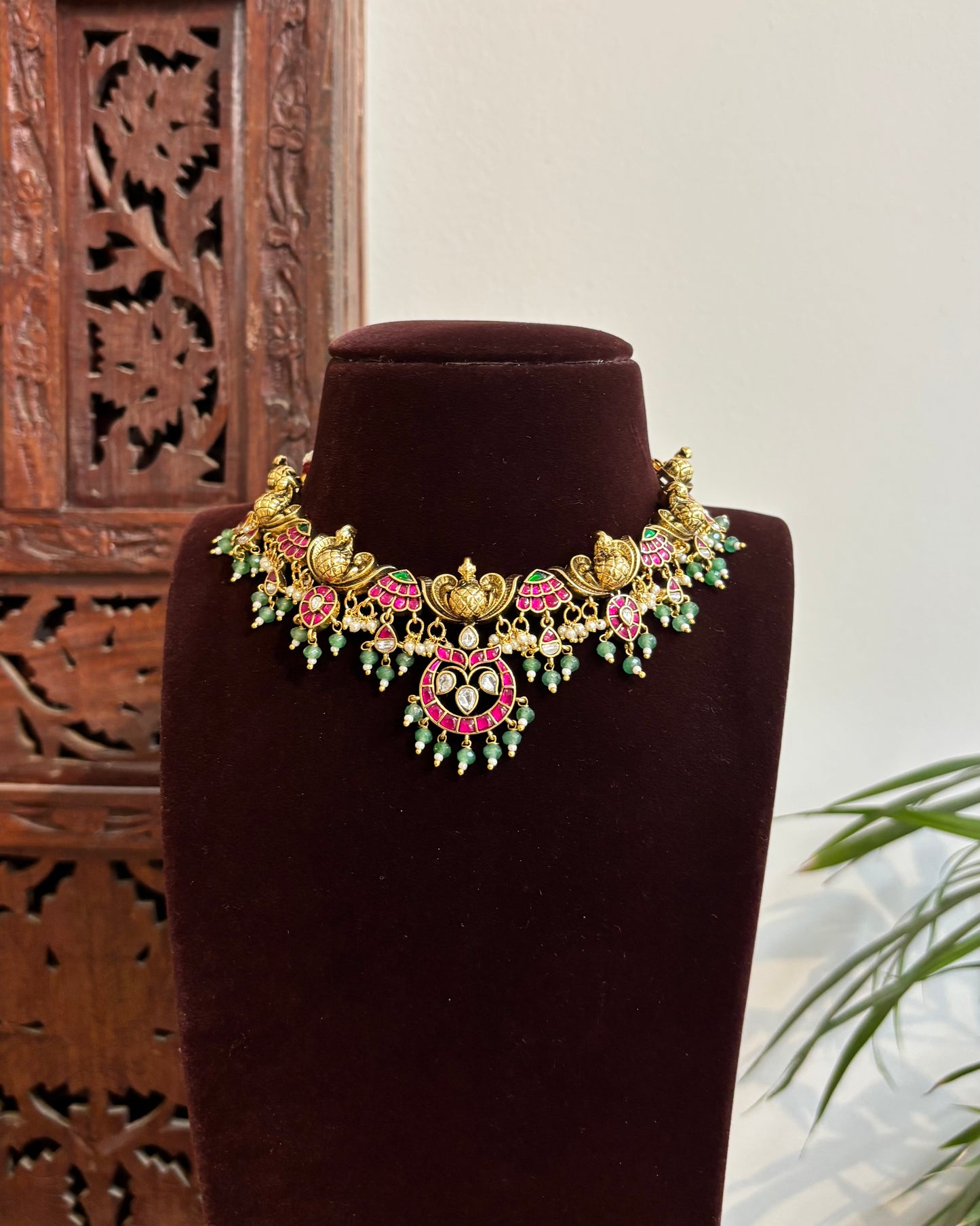 Jadau Kundan Antique Finish Peacock Floral Necklace Set – 3D Peacock Motif | NC382