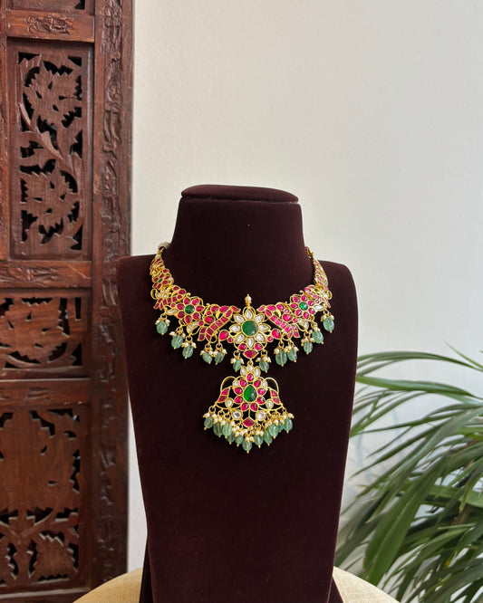 Bridal Jadau Kundan Floral Necklace with Strawberry Beads | NC399