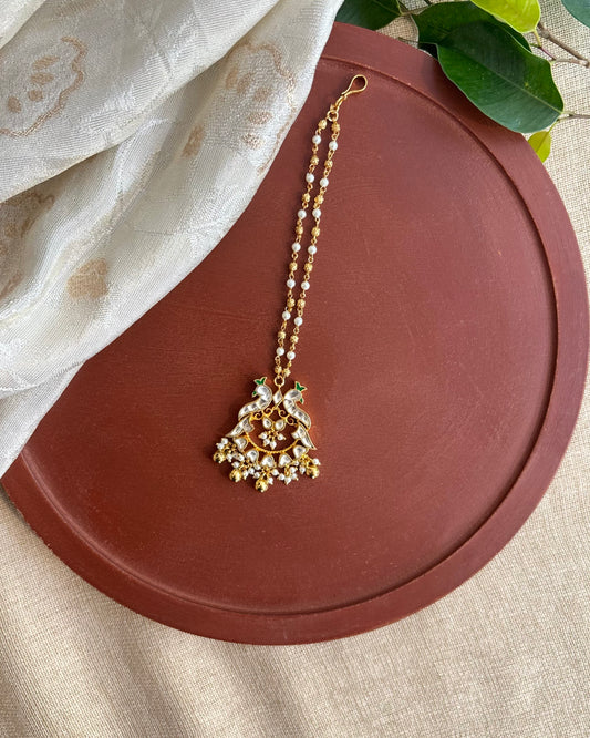 Jadau Kundan White Peacock Motif Gold-Plated Maang Tikka | MT163