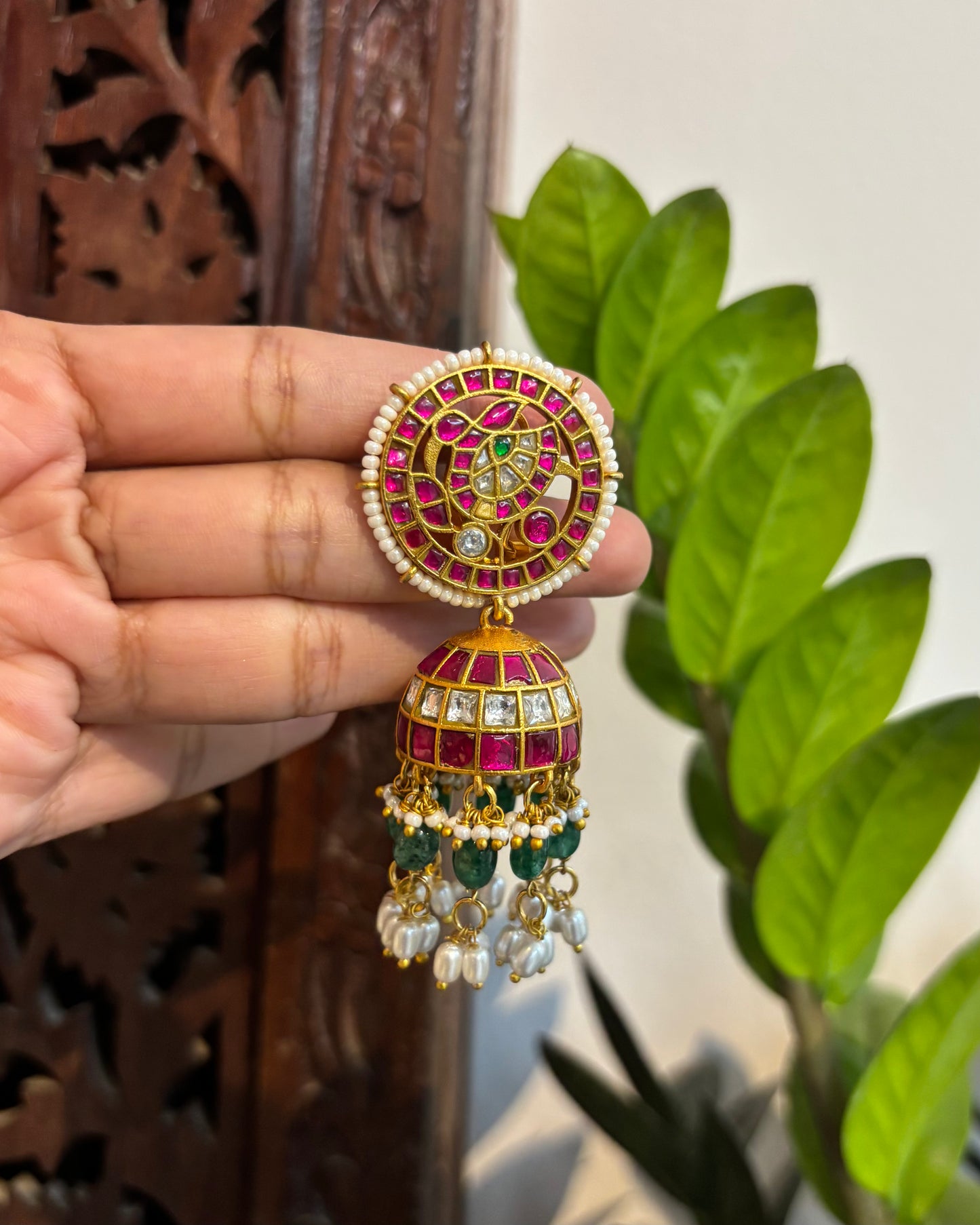 Bridal Jadau Kundan Jhumkas with Pearls & Strawberry Beads | ER142