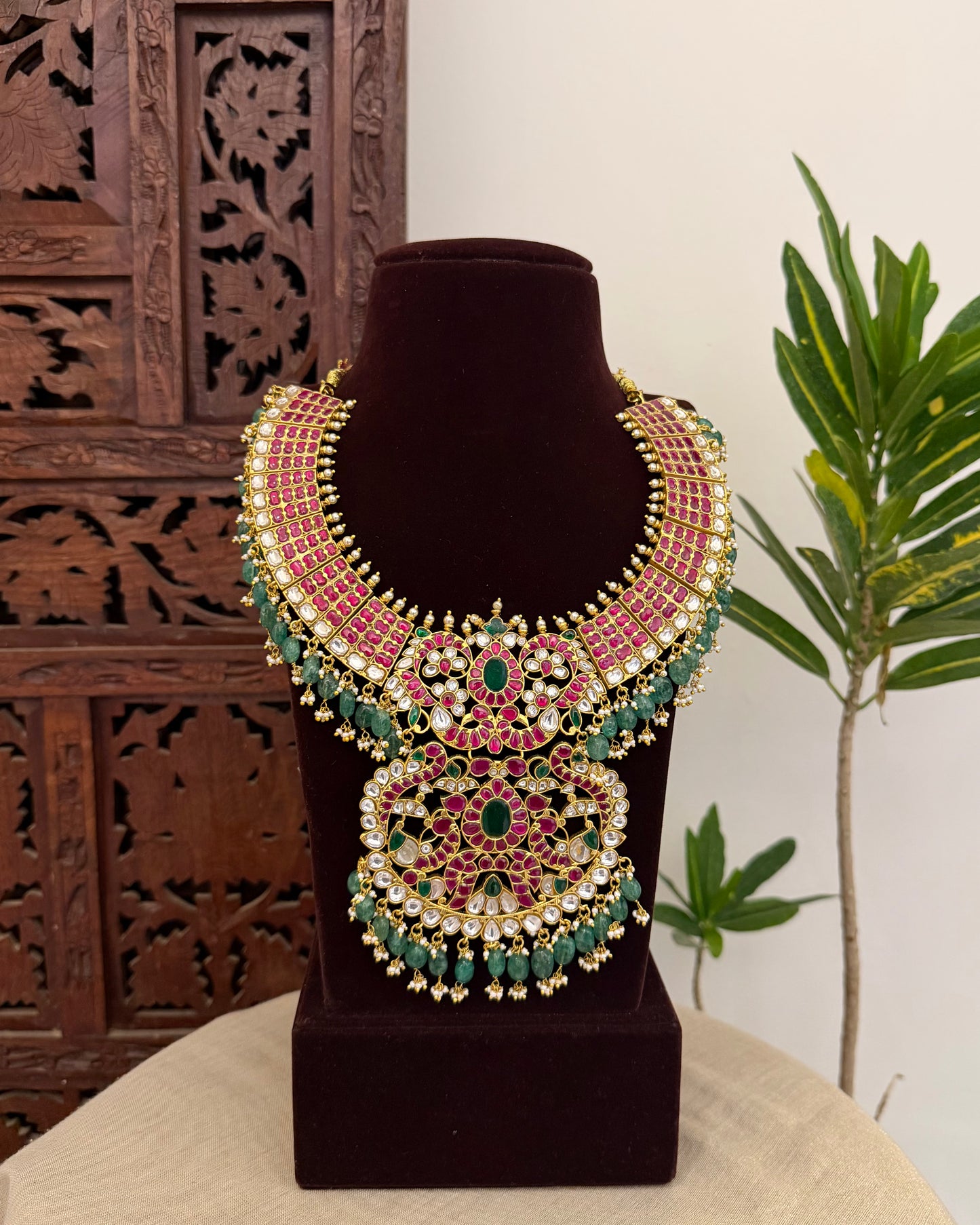 Jadau Kundan Statement Necklace with Peacock Pendant | NC630