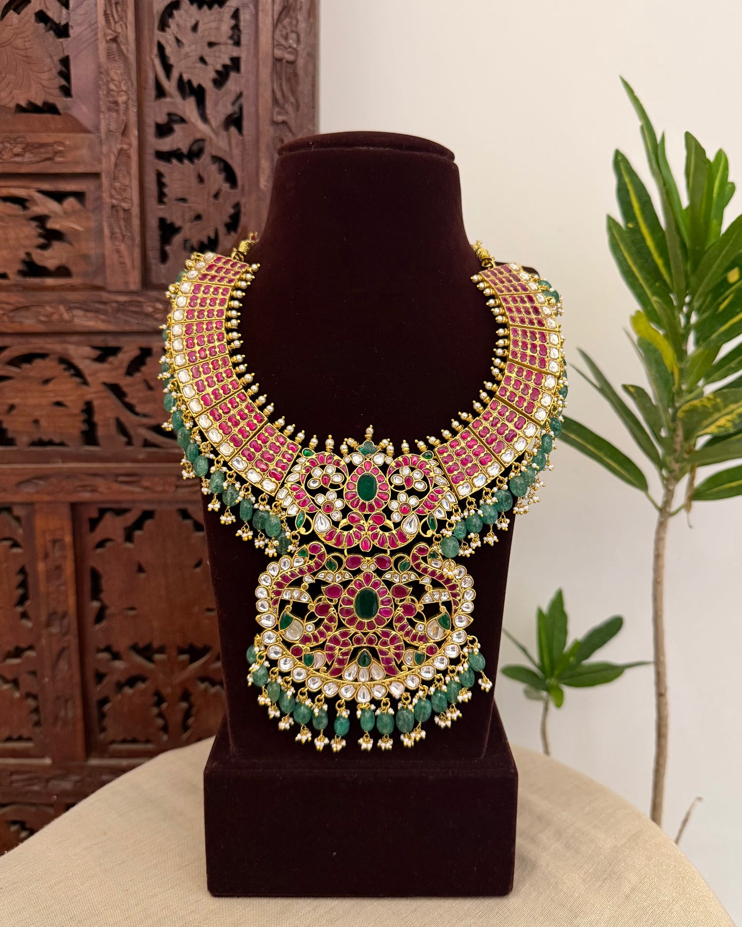 Jadau Kundan Statement Necklace with Peacock Pendant | NC630