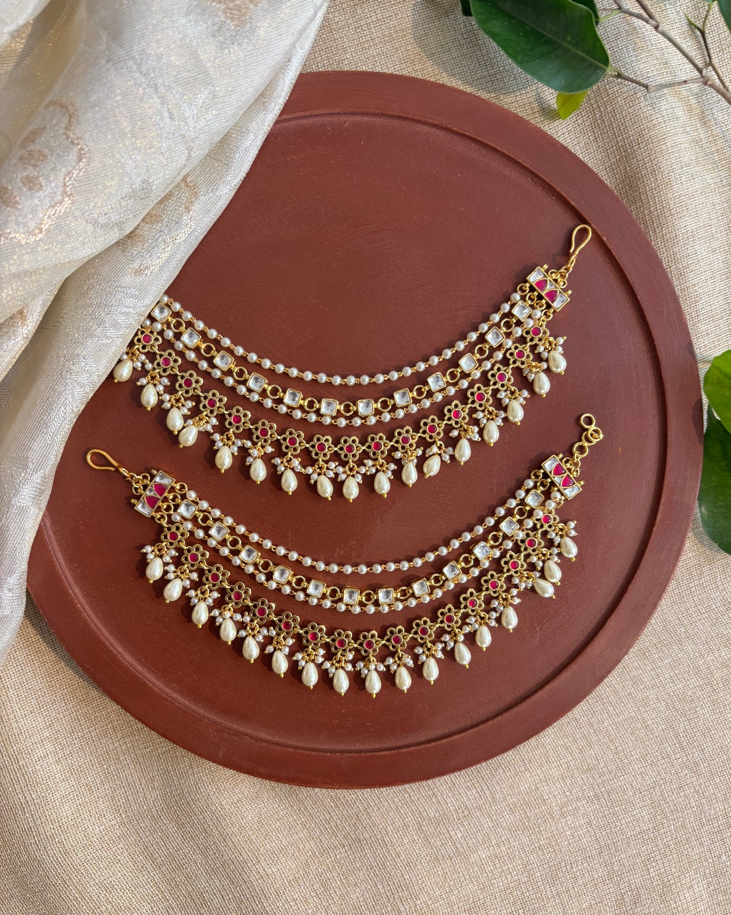 Floral Ruby & Gold Kundan Pearl Four Layer Ear Chain | EC107